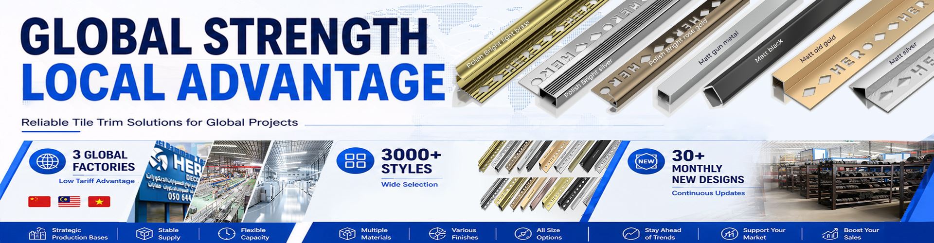 globle strngth tile trim factory, 3 production base, Avoid import tariffs