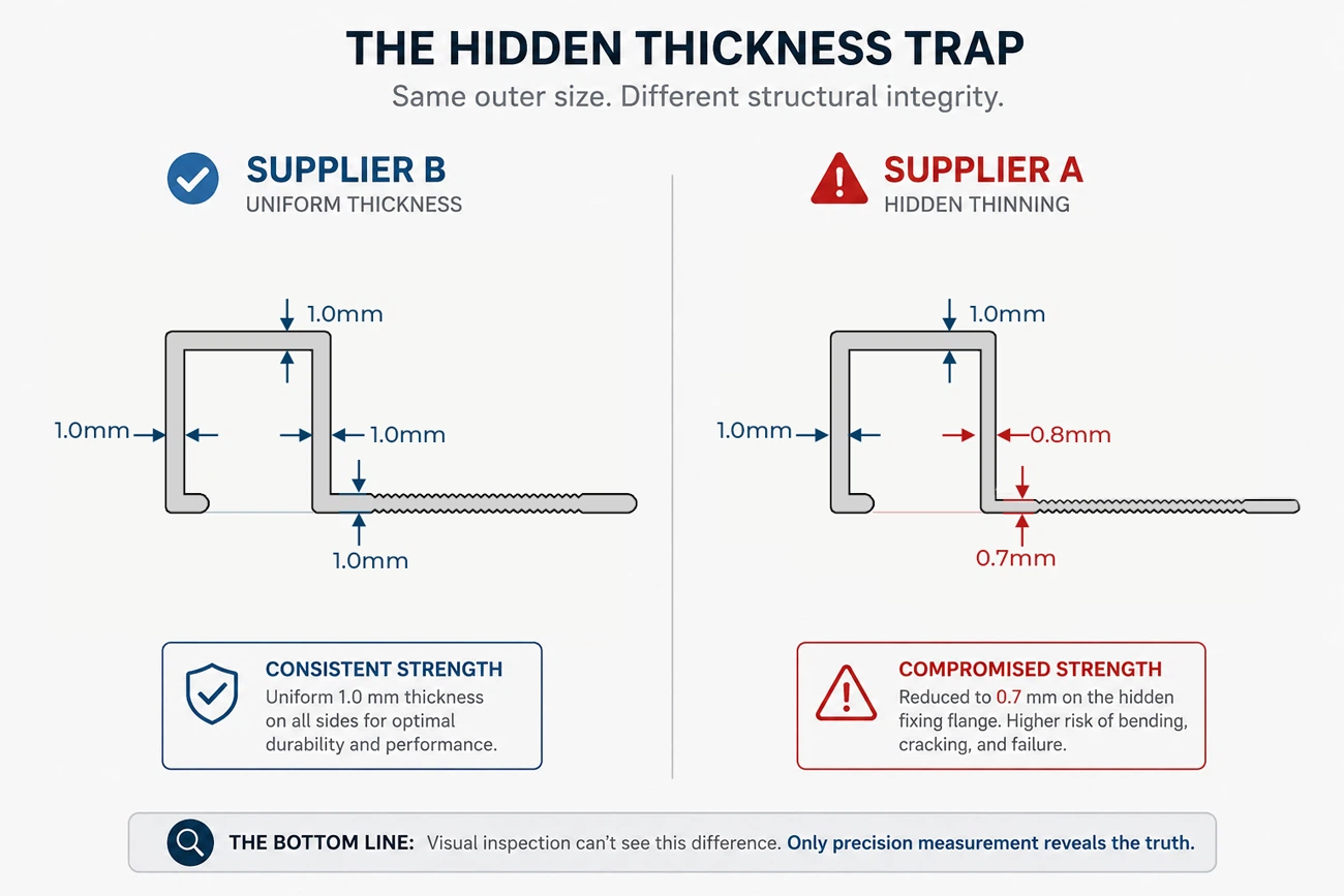 Technical Drawing Comparison: Sectional differences between a profile with uniform thickness (left) and a profile with a secretly reduced thickness on hidden faces (right) Technical Drawing Comparison: Sectional differences between a profile with uniform thickness (left) and a profile with a secretly reduced thickness on hidden faces (right)