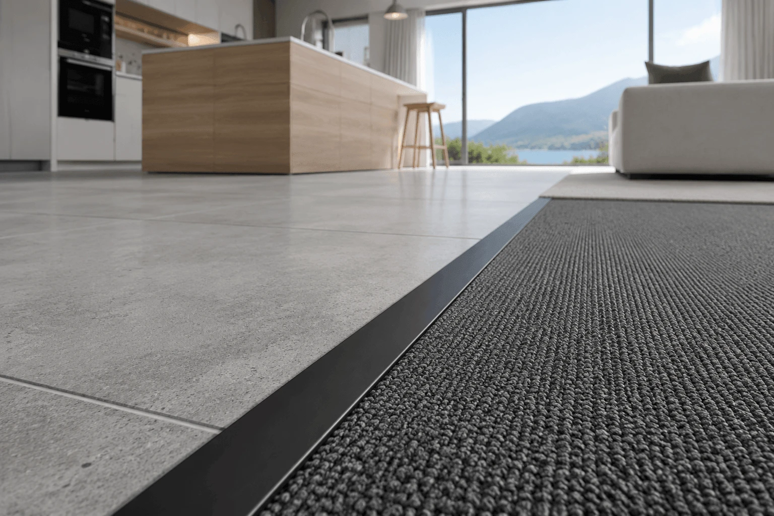 Modern New Zealand open-plan living room featuring a seamless transition from kitchen tiles to lounge carpet using a matt black metal strip 1 1 Modern New Zealand open-plan living room featuring a seamless transition from kitchen tiles to lounge carpet using a matt black metal strip 1 1